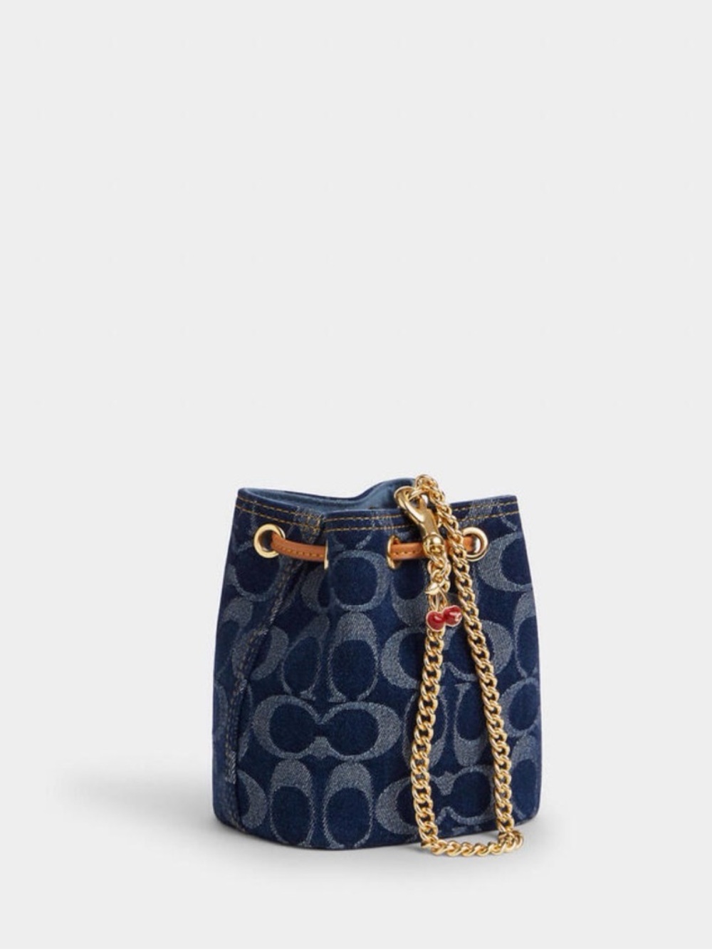 Coach Mini Signature Denim Bucket Bag with Tan Leather Trim